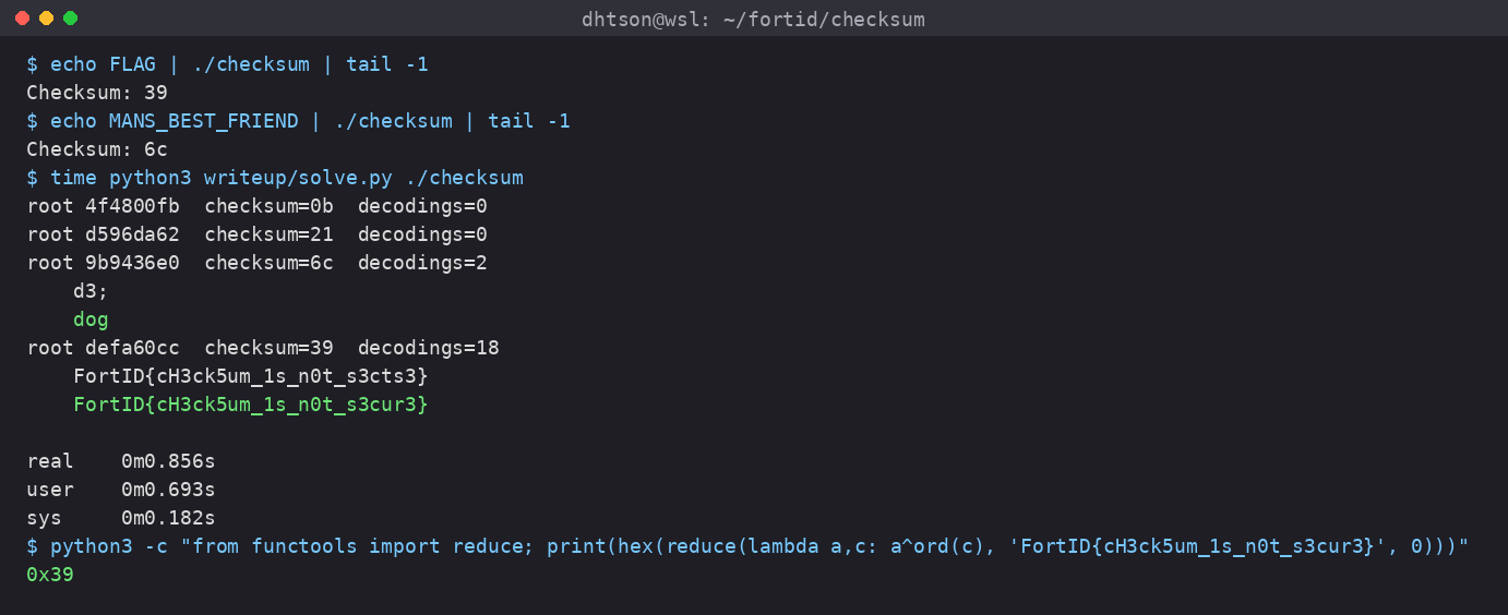 Running solve.py against the checksum binary